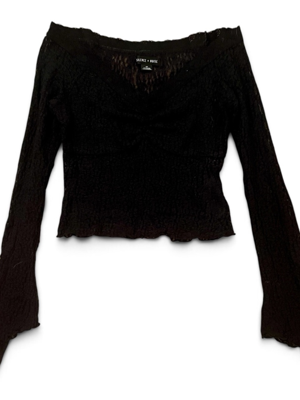 silence + noise off the shoulder black lace long sleeve crop top